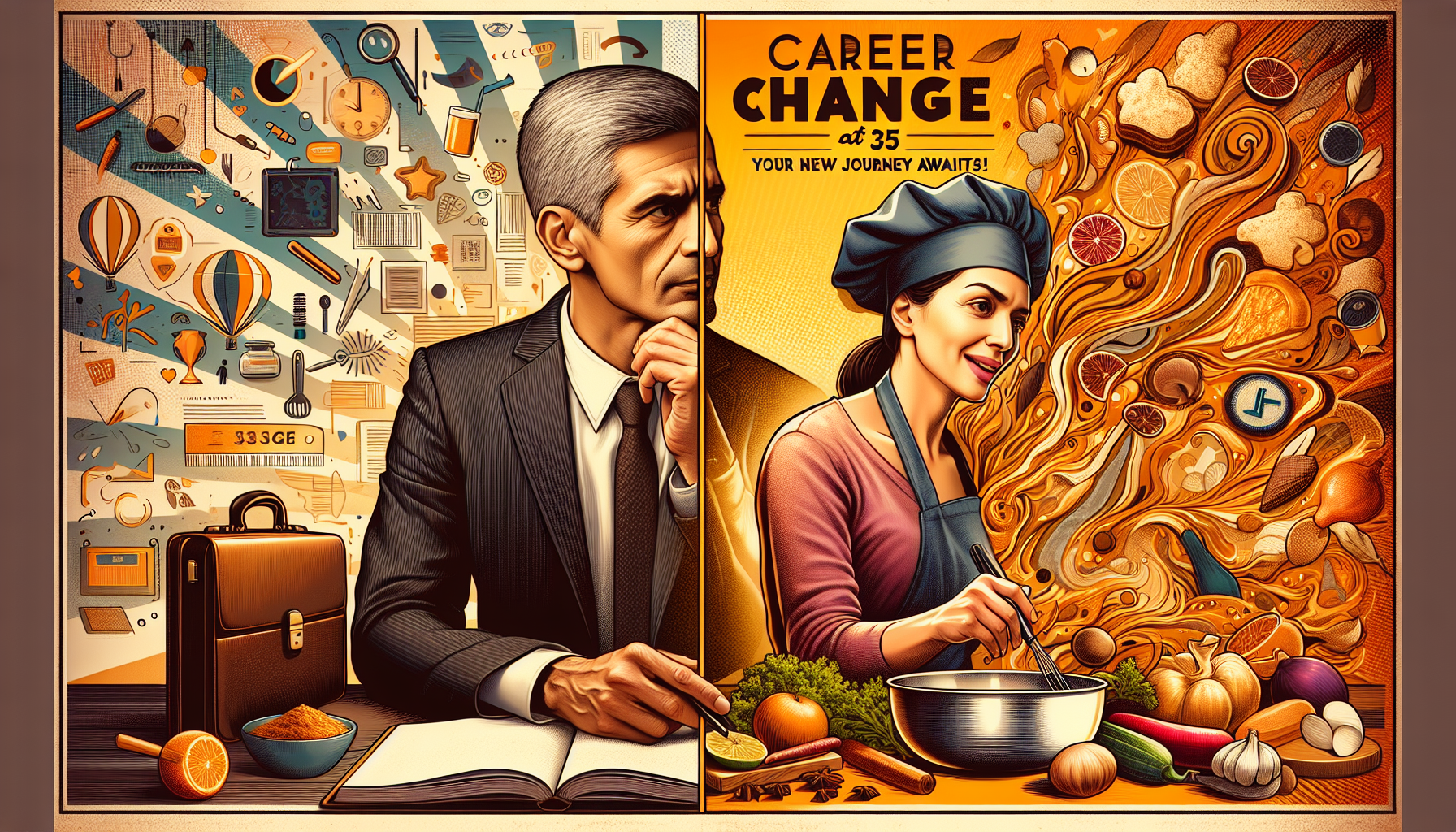Career Change at 35 Image depicting a professional contemplating a career change at 35, showcasing a split image of formal attire and a casual setting