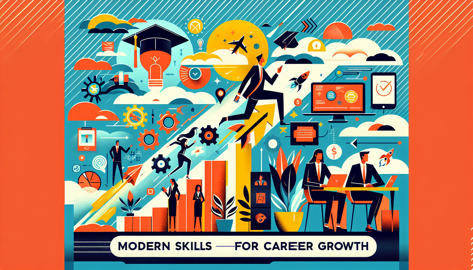 Thumbnail for blog on Modern Skills for Career Growth featuring icons representing communication, technology, critical thinking, and leadership