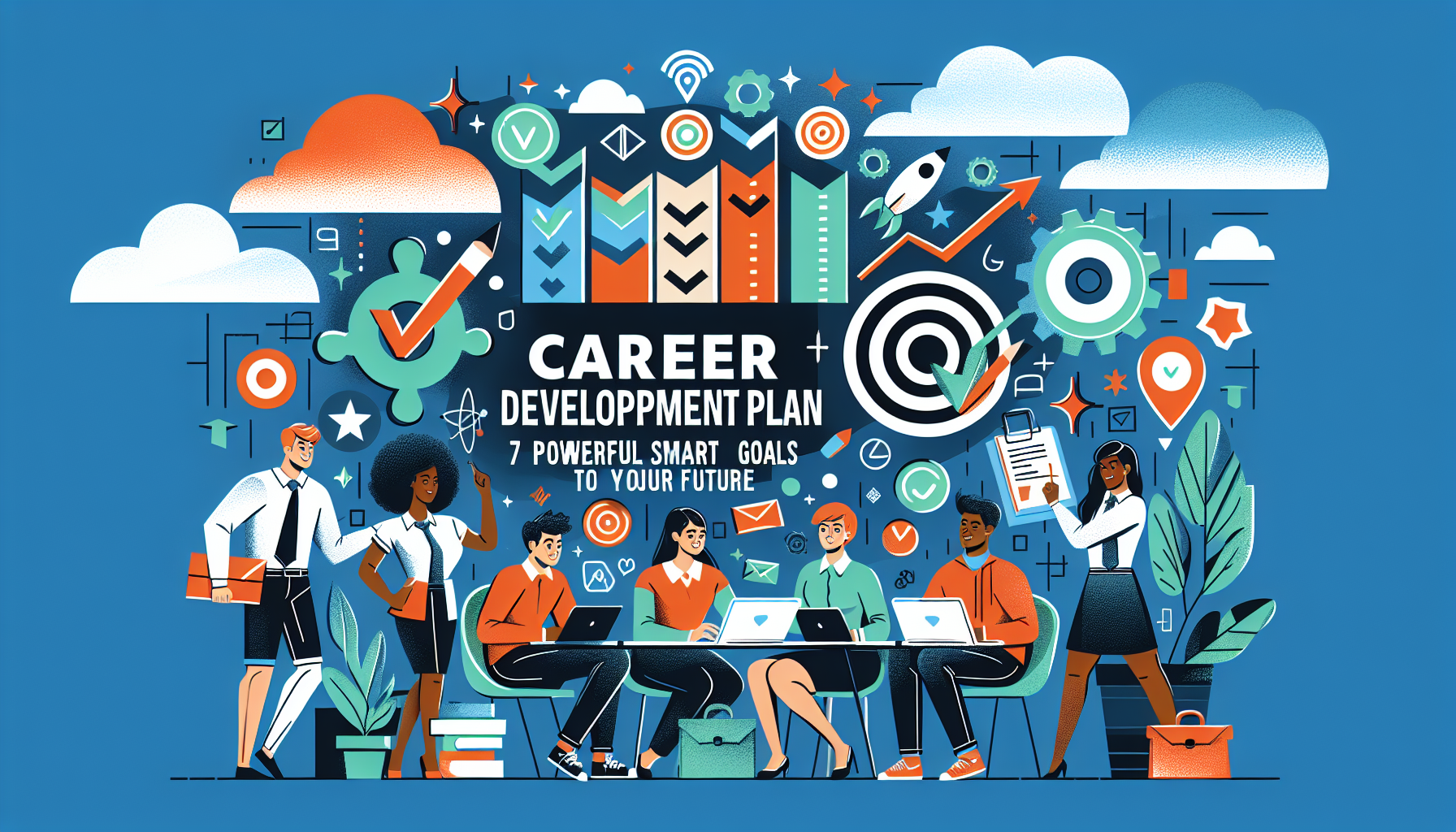 Career Development Plan: 7 Powerful SMART Goals for Your Future Thumbnail for blog post on career development plan featuring students collaborating with goal-setting visuals