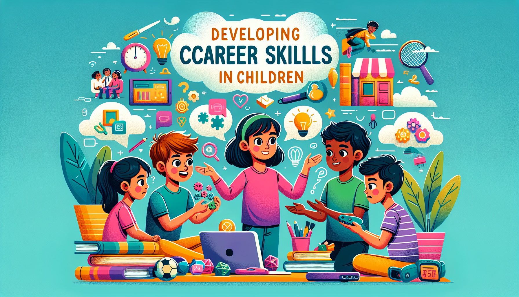A diverse group of children engaged in activities representing key career skills, including teamwork, problem-solving, and communication, set against a bright and inviting background.