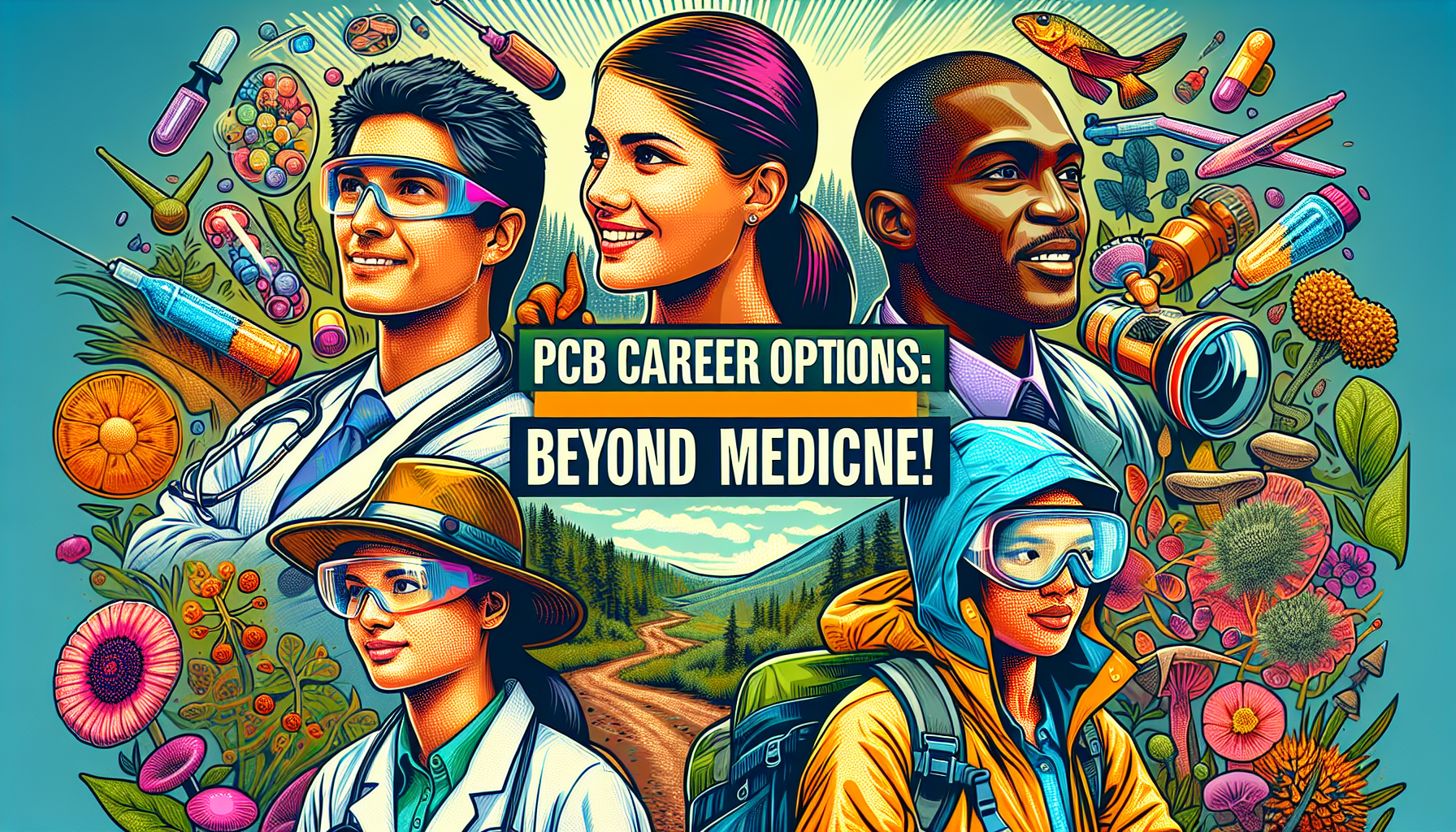“Exploring PCB Career Options Beyond Medicine” A vibrant collage showcasing various PCB career options, including a doctor, a researcher in a lab, a veterinary scientist, and an environmentalist, symbolizing diverse career paths available for PCB students.