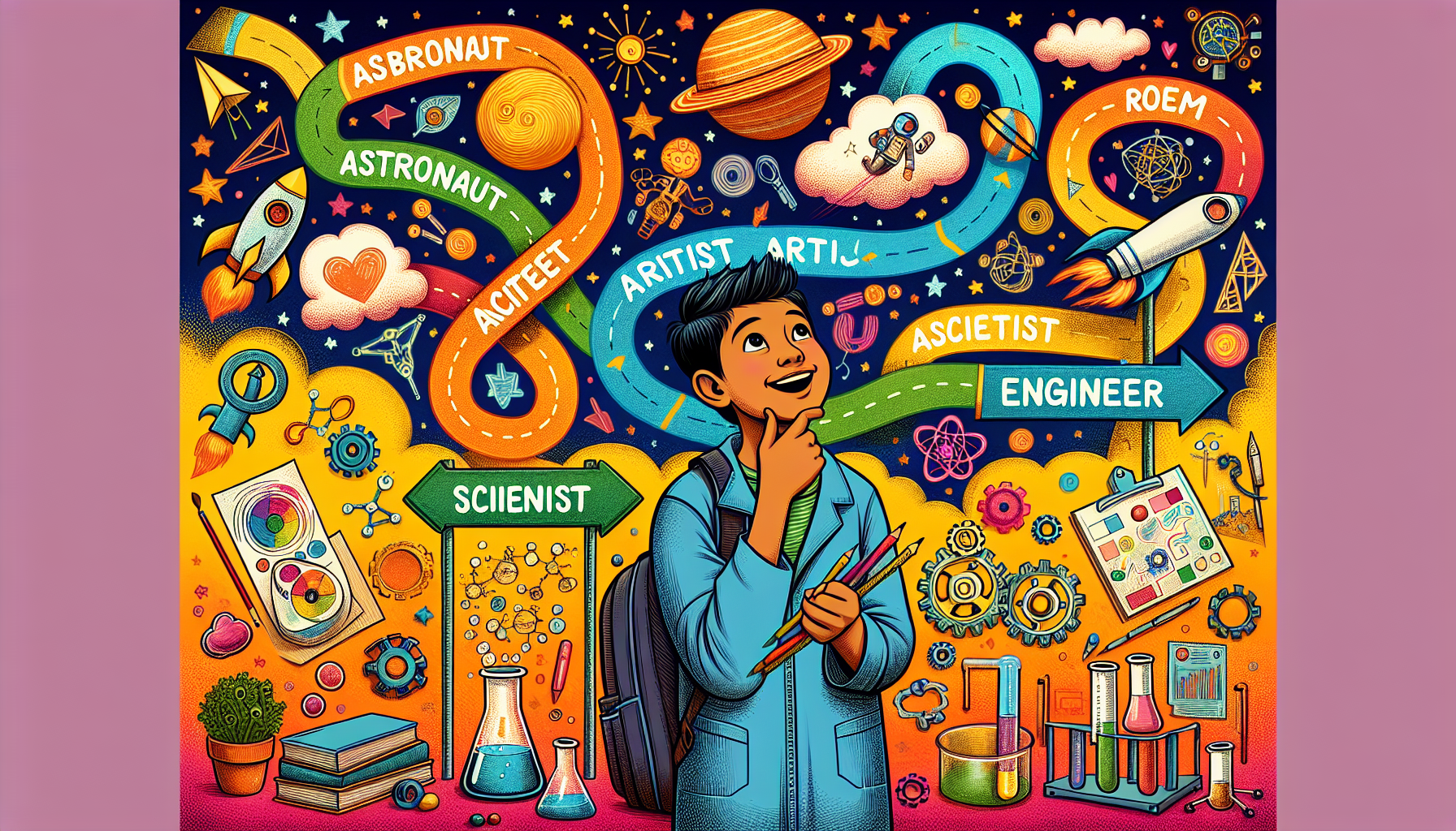 “Career Advice for 8th Graders: Exploring Exciting Future Paths” Cheerful 8th grader exploring career options with colorful flowchart showing paths to different dream careers like astronaut, artist, and scientist.