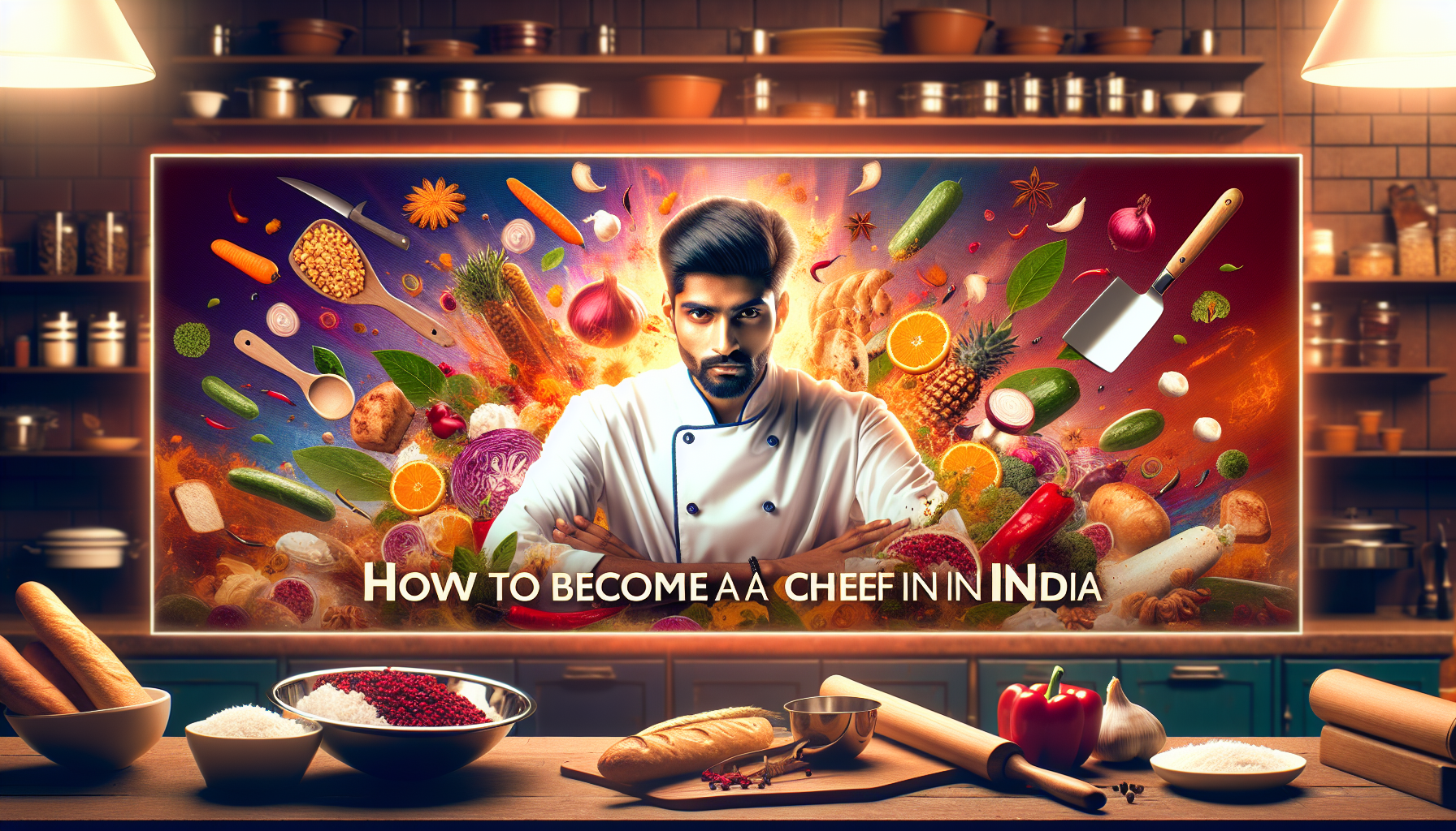 “How to Become a Chef in India” "Young Indian chef in a professional kitchen preparing a dish"