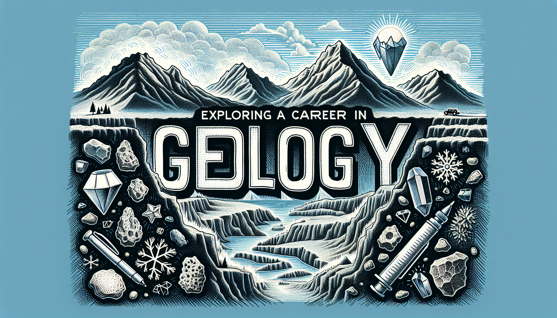 A breathtaking geological landscape showcasing mountains, rocks, and clear blue skies, representing the diverse career opportunities in geology