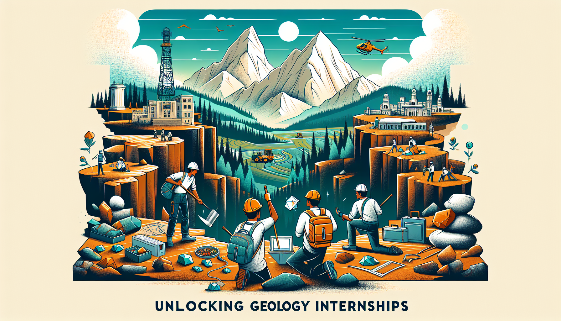 "Thumbnail for geology internships blog featuring students in safety gear at a geological site with rocks and minerals."