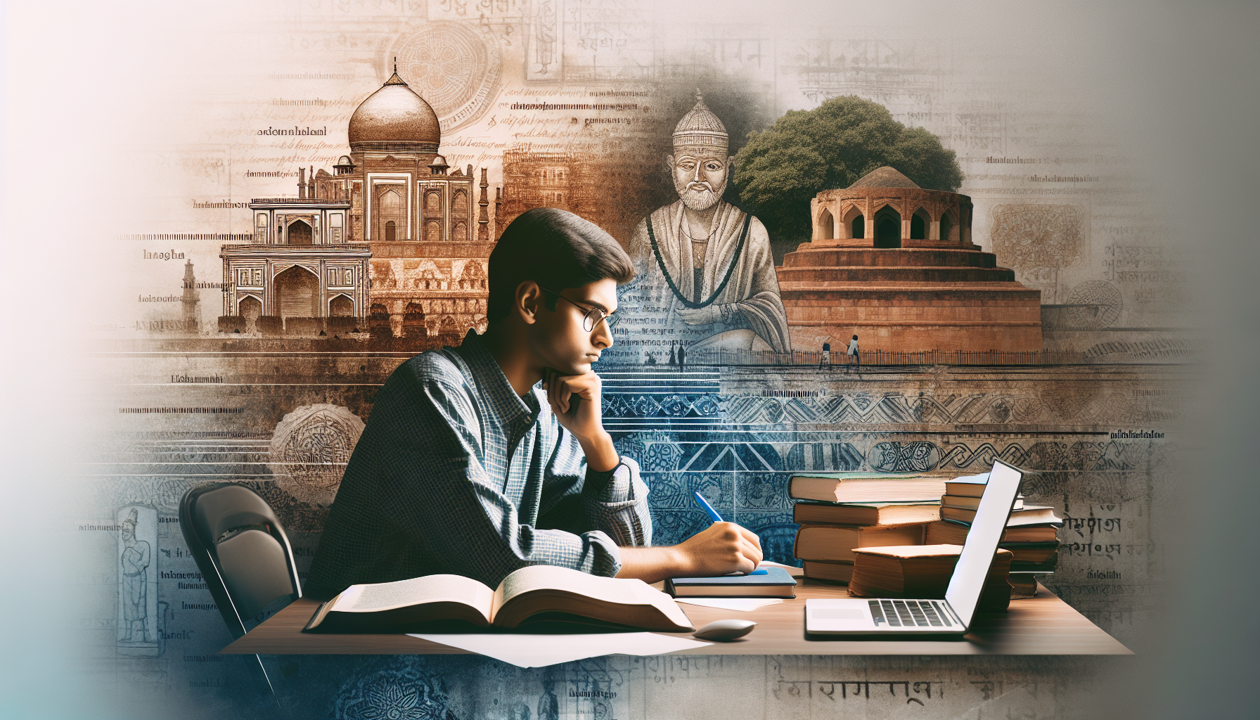 Indian student studying history, surrounded by books and historical images