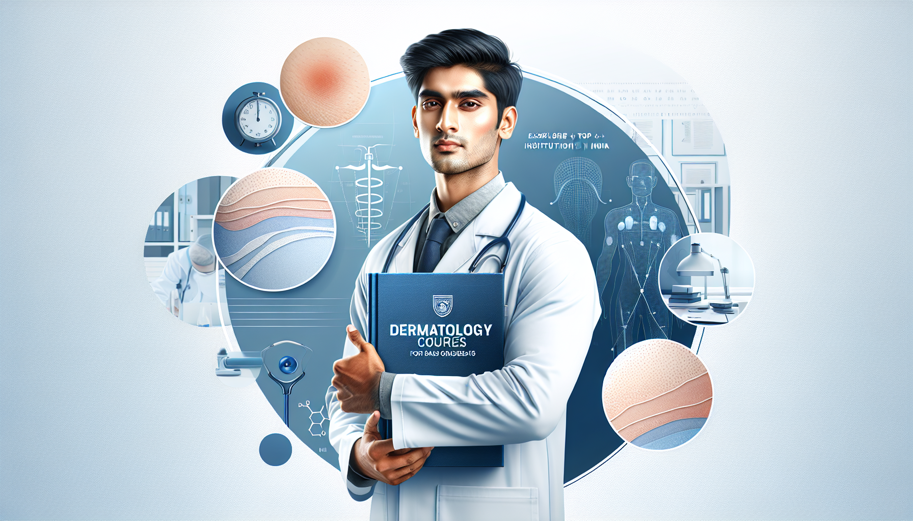 Dermatology Courses for BAMS Graduates BAMS graduate holding a dermatology book with medical diagrams and treatment room background