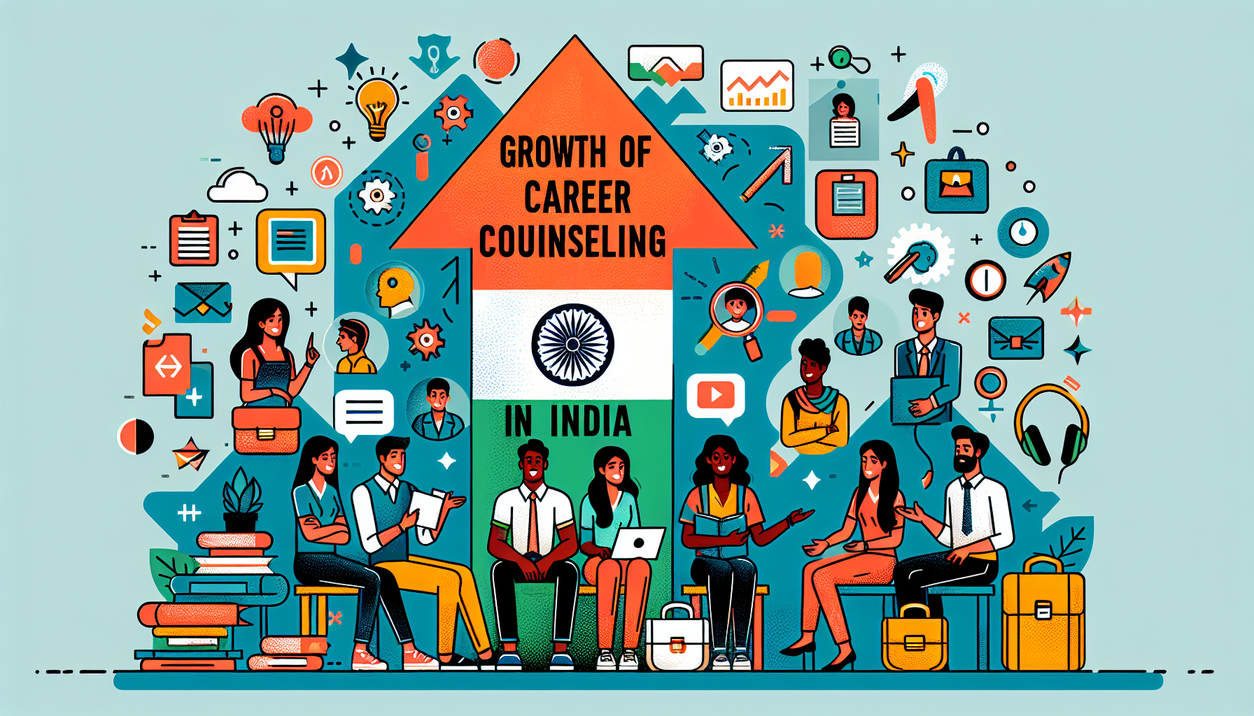 Growth of Career Counseling in India Illustration depicting the growth of career counseling in India, featuring diverse students discussing career options with an upward arrow symbolizing growth