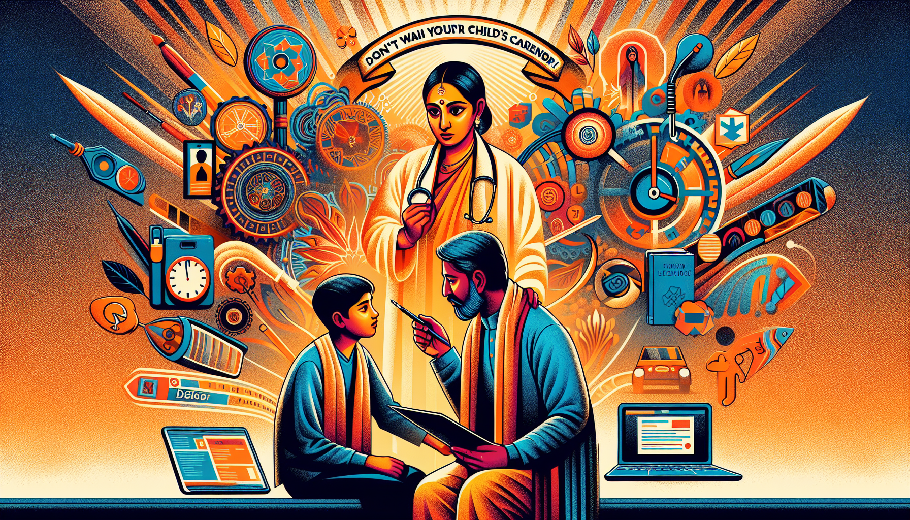 "Parent and child discussing career options with symbols of various professions in the background."