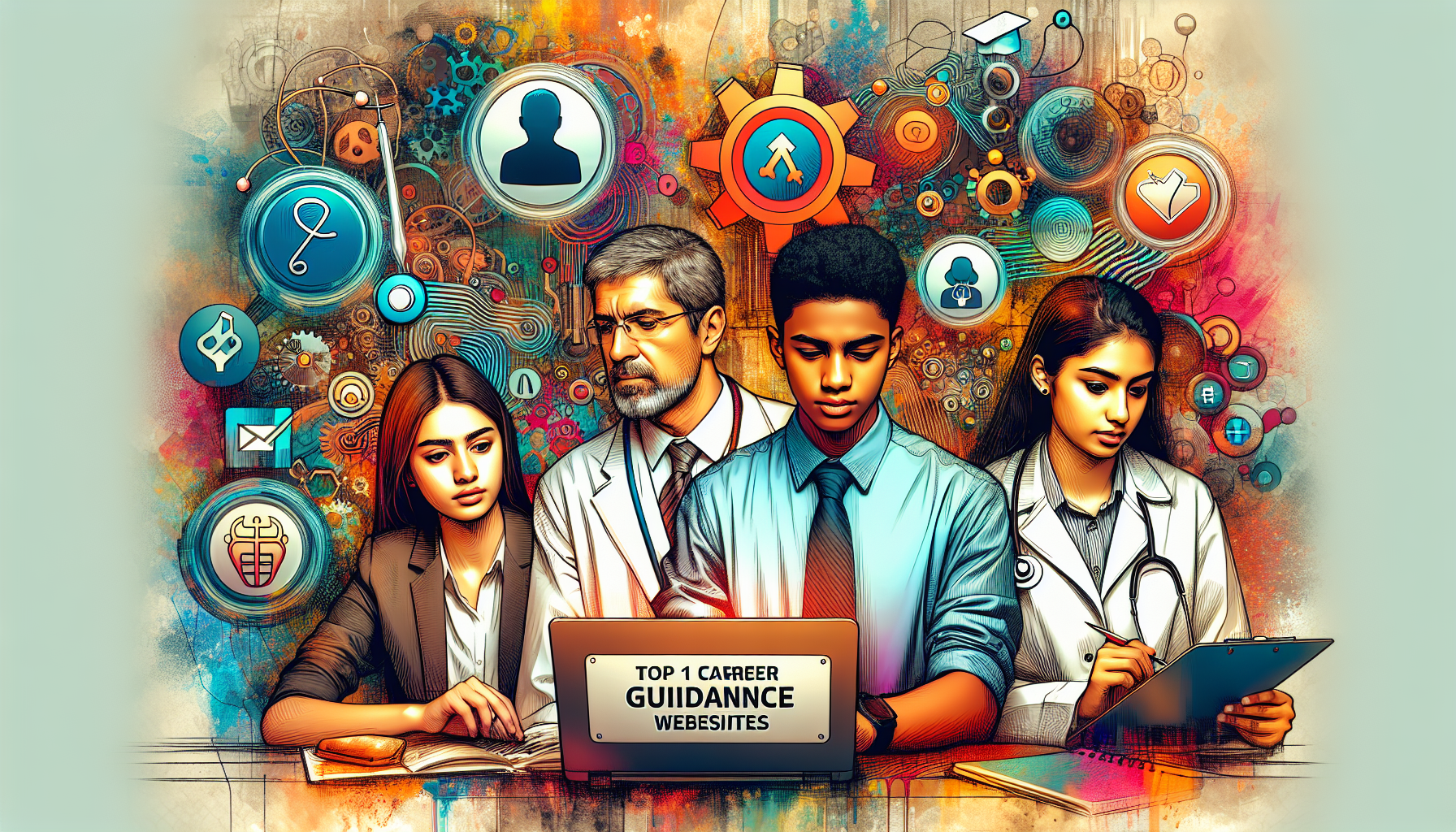 Career Guidance Websites for Students A diverse group of students using a laptop to explore career guidance websites, with icons representing different career paths surrounding them.