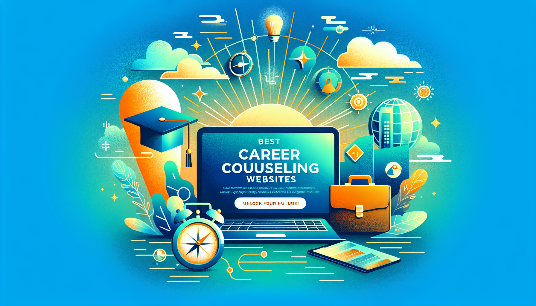 Best Career Counseling Websites featuring icons of a compass, graduation cap, and laptop with a gradient blue-green background."