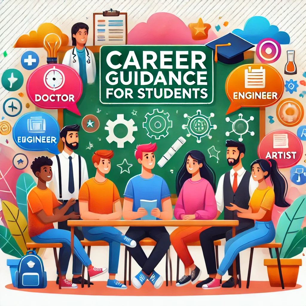 Diverse group of students discussing career options with a mentor, with icons of various professions on a chalkboard in the background, titled "Career Guidance for Students."