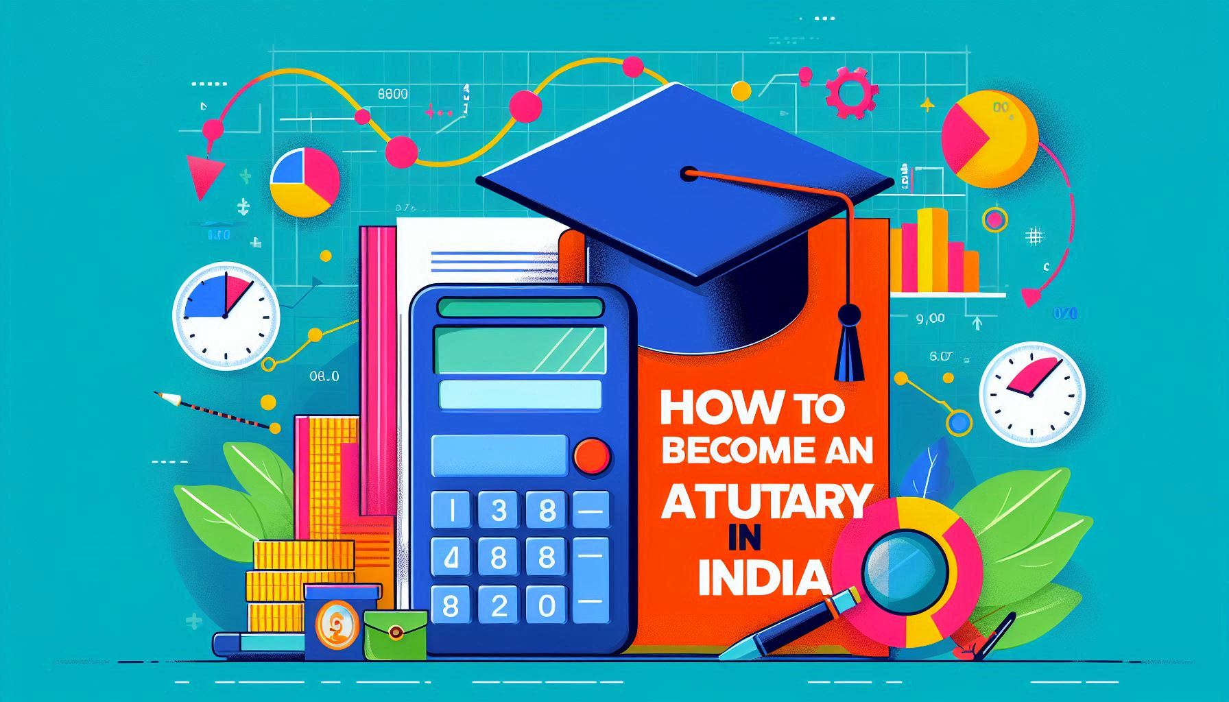 Thumbnail for a blog on how to become an actuary in India, featuring a calculator, financial graphs, and a graduation cap.