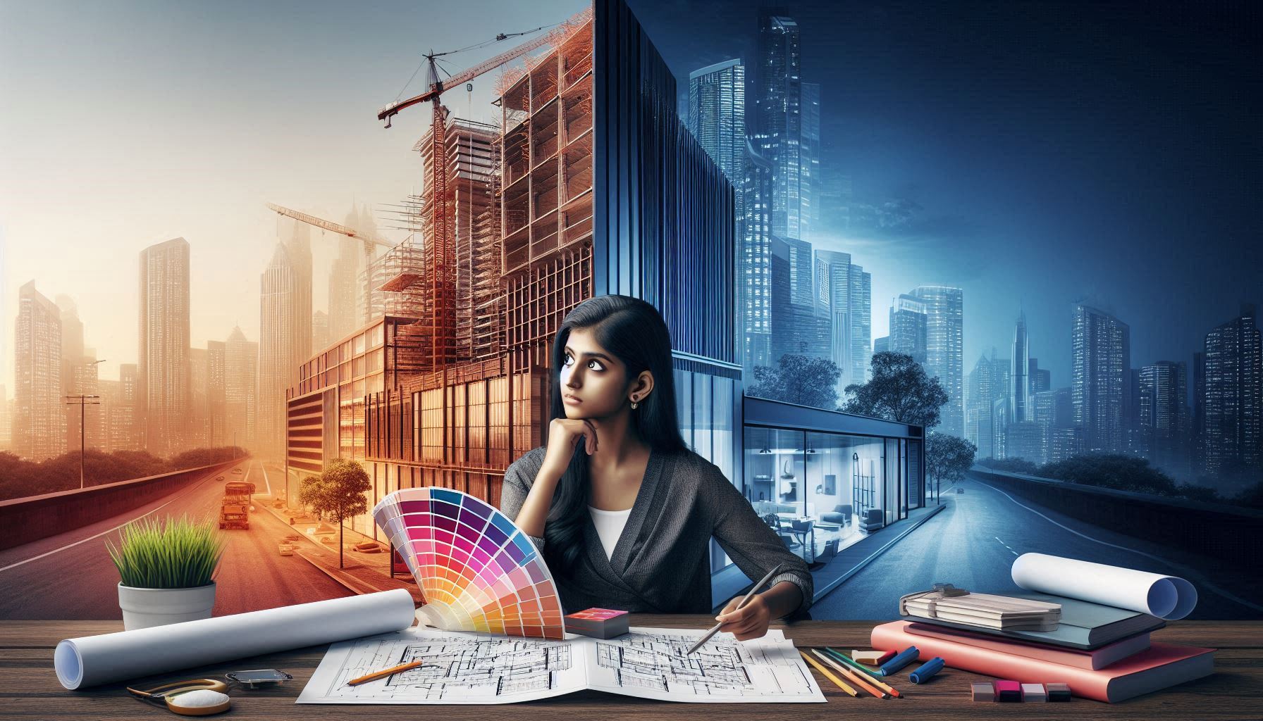 “Exploring Career Opportunities in Architecture and Interior Design for Indian Students” An Indian student standing between a modern skyscraper under construction and a beautifully designed interior space, holding a blueprint and color swatches, representing career choices in architecture and interior design.