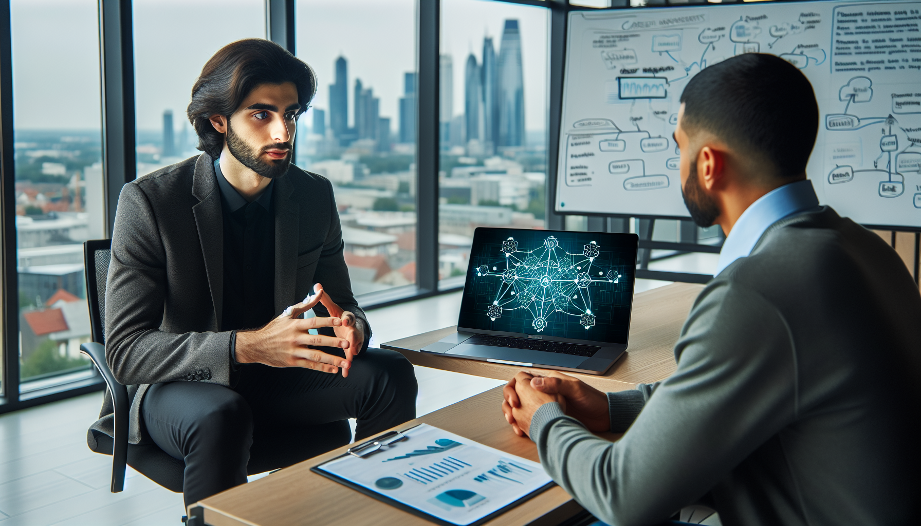 Networking professional discussing career options with a career counsellor in a bright office setting. career counselling for networking professionals