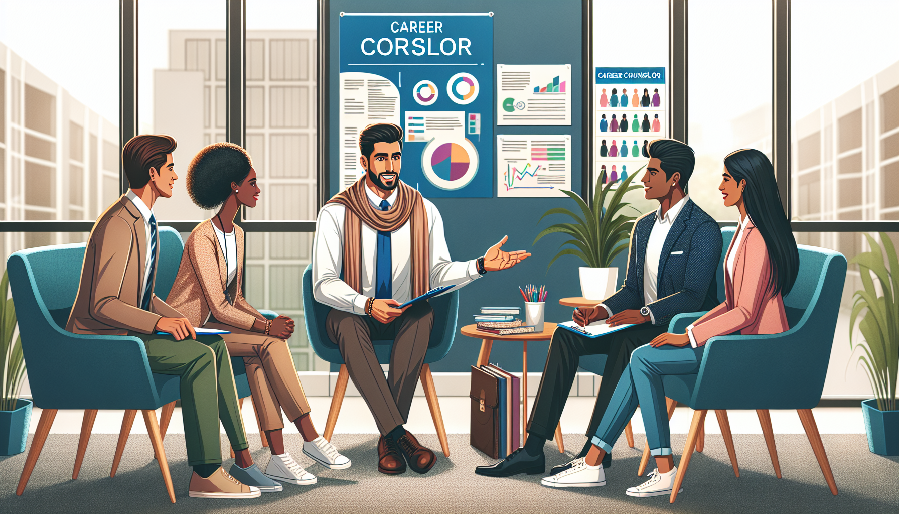 An illustration of career counseling techniques used by professionals to guide individuals through career planning, including assessments, personalized roadmaps, and goal-setting strategies