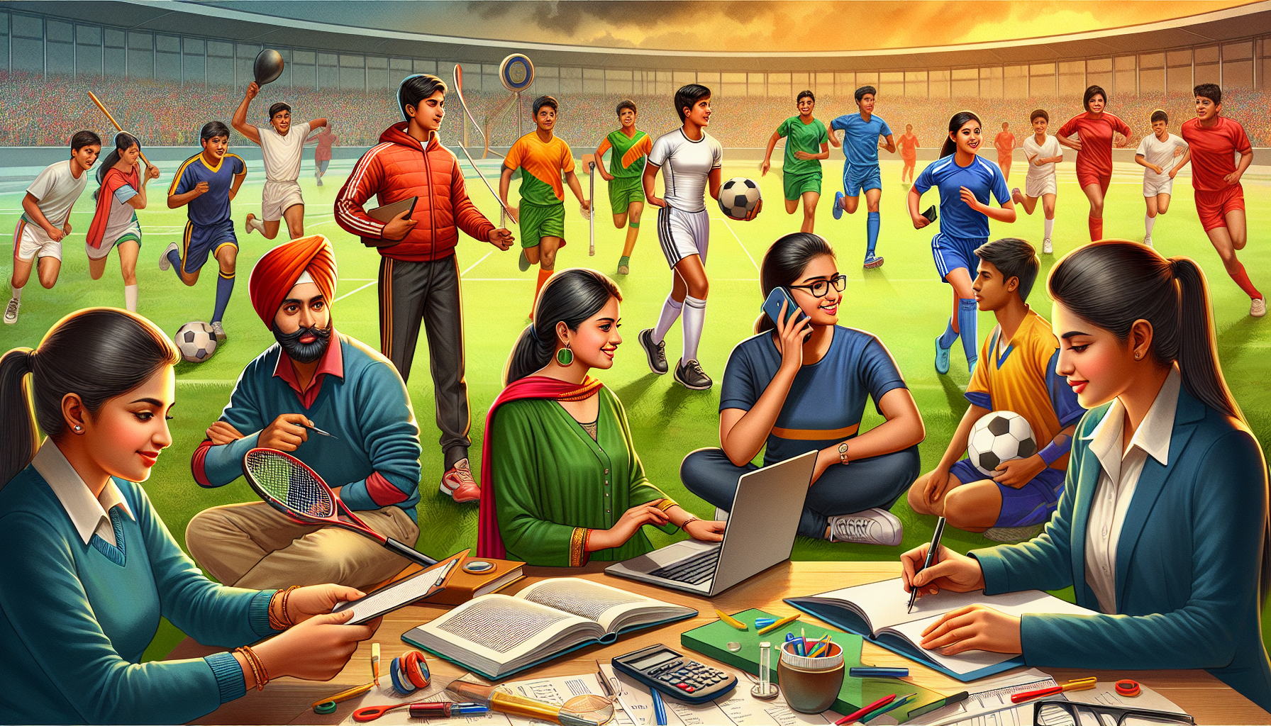 "Indian students exploring career opportunities in sports like athletes, coaches, sports journalists, and sports managers."