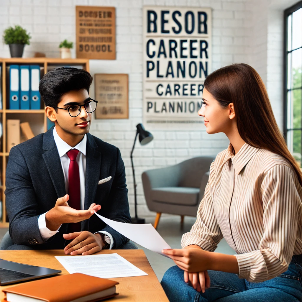 13d8198a-9963-4b90-b186-60b01cacf3a2 Career guidance near me: An Indian high school student consulting with a professional career counselor in a bright and modern office