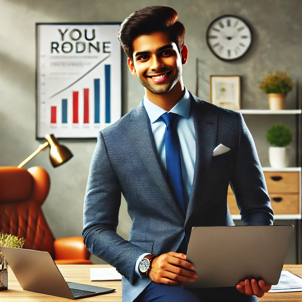 651159e7-afdf-4b31-8756-919516dcc147 Career change at 30 in India \u2013 young professional smiling confidently with a laptop in an office setting