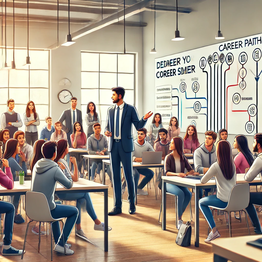 70a7d16b-5c69-45e2-bac3-2678140358de Career counseling resources for high school students, demonstrated by an Indian career counselor engaging with students in a classroom.