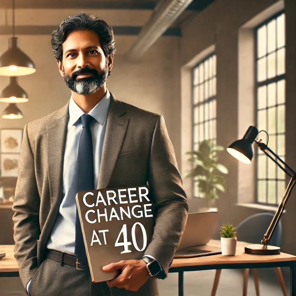 ab00e60c-f52f-46dc-9967-a2ba82e3e2fb Indian professional in their 40s, seated at a desk with a laptop and coffee, representing career change at 40 in a modern office setting.