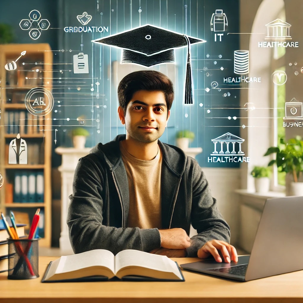 b83250e9-32ca-4d90-a55b-6b1edda60933 Indian graduate student exploring career counseling after graduation with books and laptop.