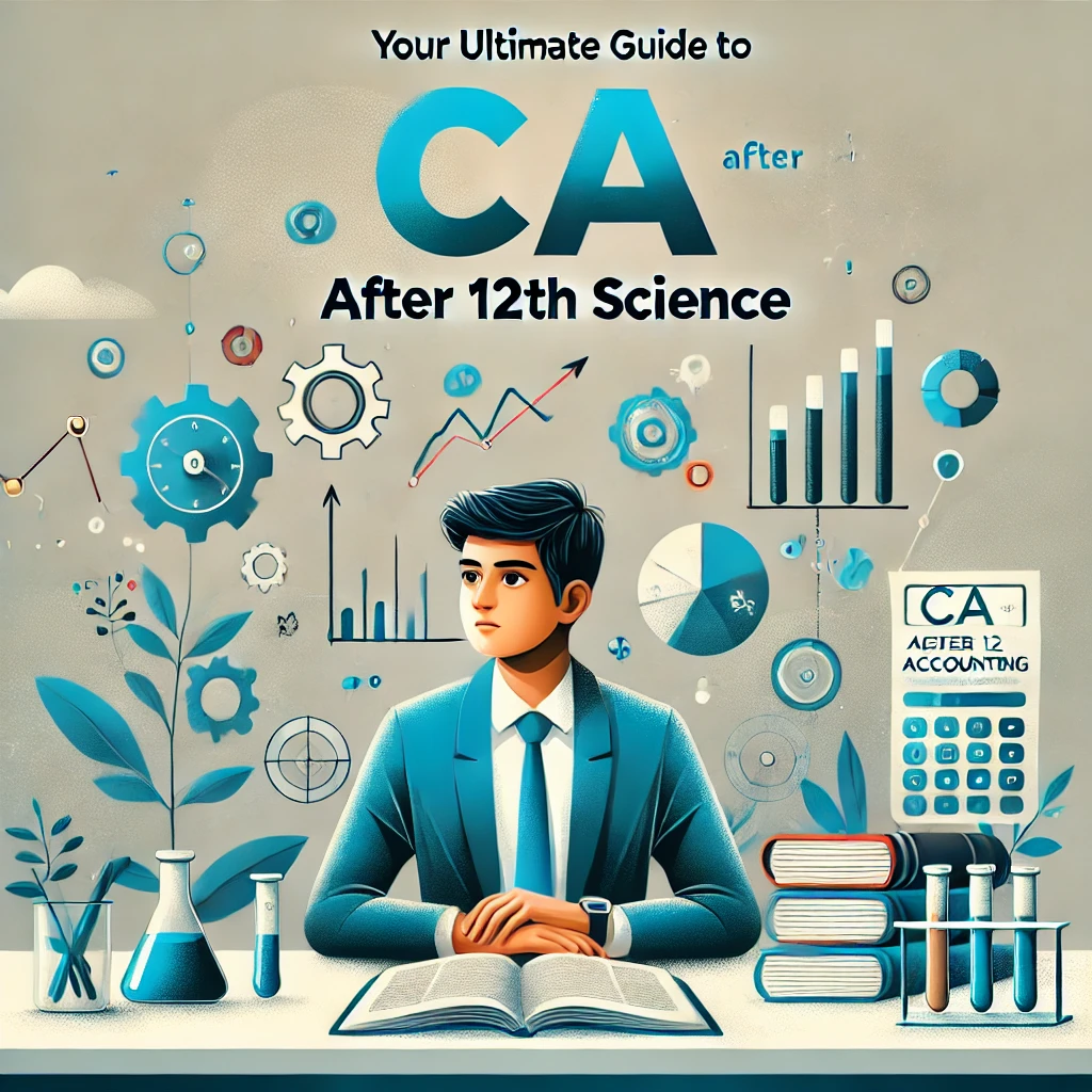 bba8d542-52f5-4f57-87fd-847d7331e07f Indian student thinking at a desk surrounded by symbols of science and accounting, with the title "CA After 12th Science."