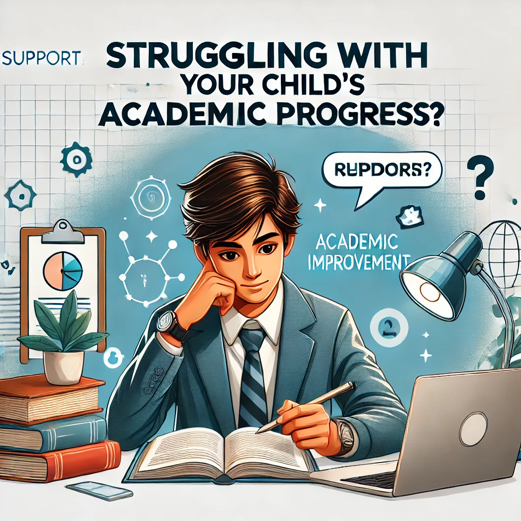 266f41b4-7c2f-4160-9d95-25fc8e8b9919 An Indian student studying at a desk with books and a laptop, set in a motivating study environment, with the text "Struggling with your child's academic progress?" displayed prominently.