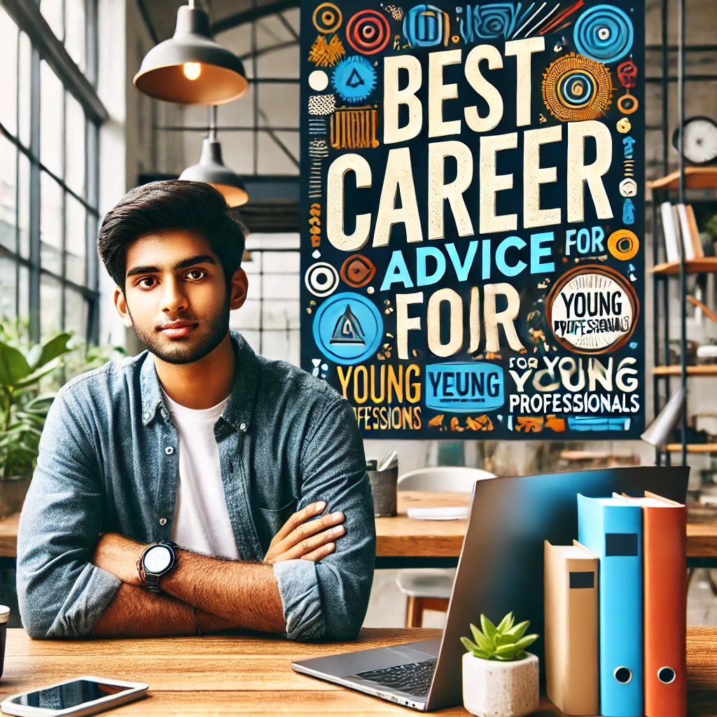 An Indian young professional sitting at a desk in a modern workspace, surrounded by a laptop and books, reflecting on the best career advice for young professionals.
