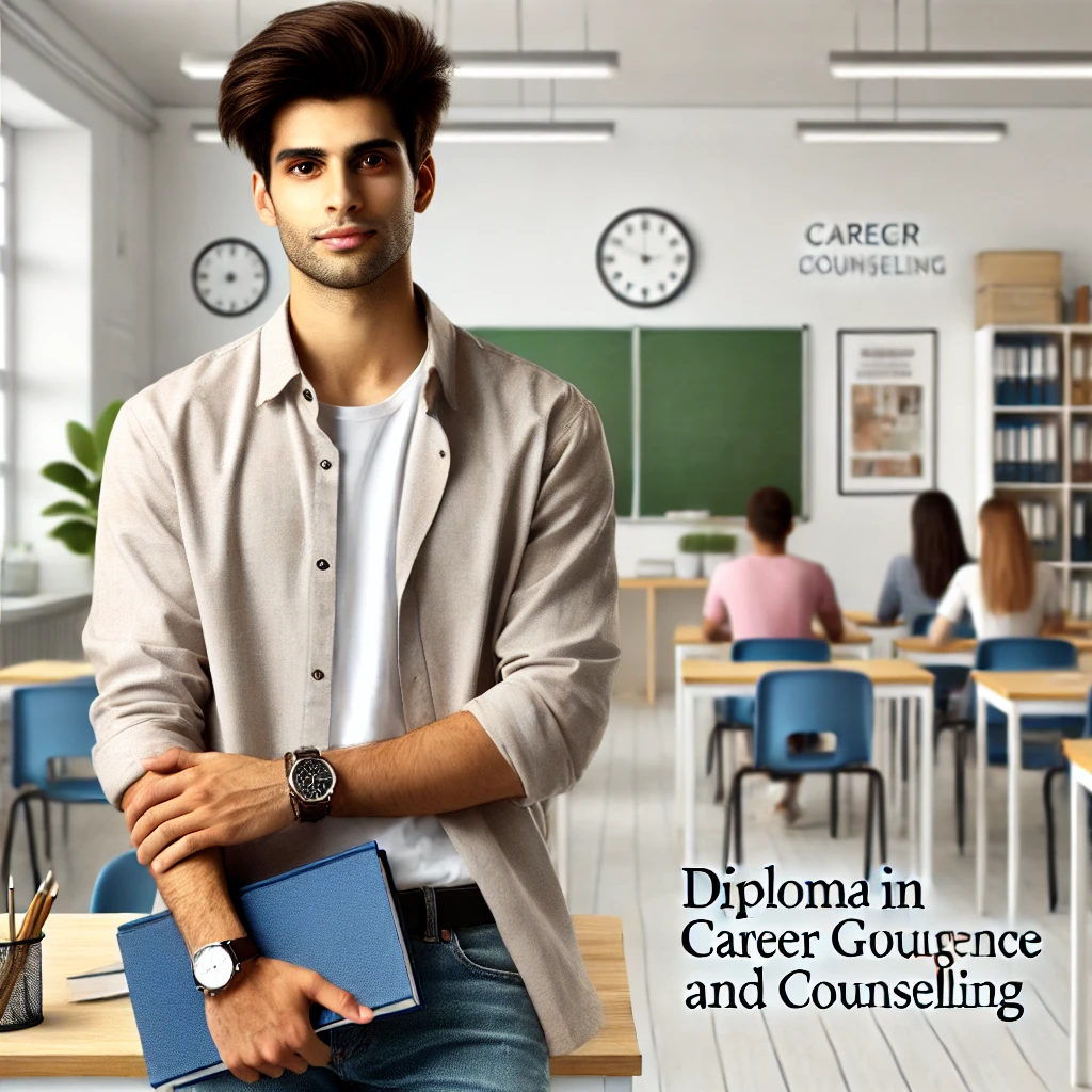 An Indian student confidently standing in a modern classroom, holding a notebook, with the text 'Diploma in Career Guidance and Counselling' displayed prominently.