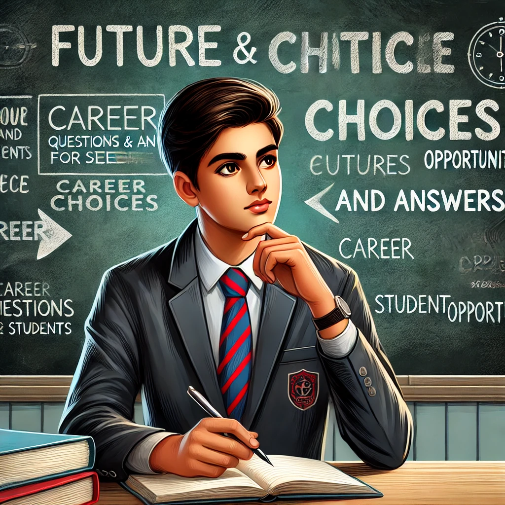 Indian student in a school uniform holding a notebook and pen, sitting at a desk with a thoughtful expression, representing career planning, with the text "Career Guidance Questions and Answers for Students