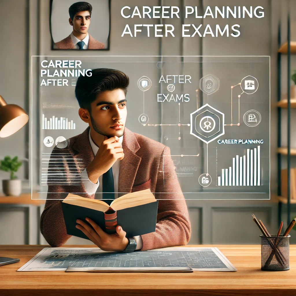 558c43c0-73f3-4779-8cfa-65579dd94187 Indian student holding a book, seated in a study room, with a career roadmap on a table and the text "Career Planning After Exams" prominently displayed.