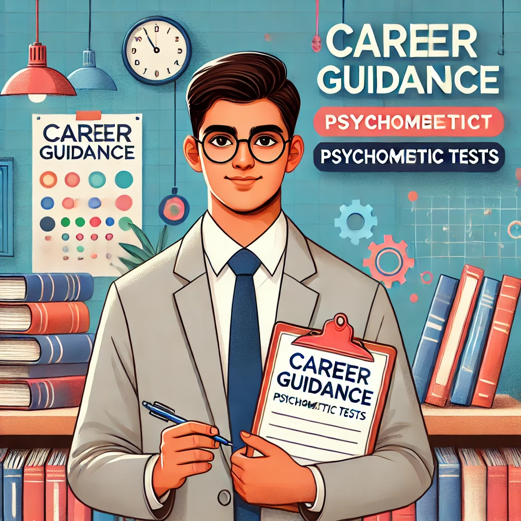 5d22de15-1168-4af5-ae0e-61232a32de57 An Indian student in a school uniform confidently holding a clipboard, with the text 'Career Guidance Psychometric Tests' in bold letters against an educational background.