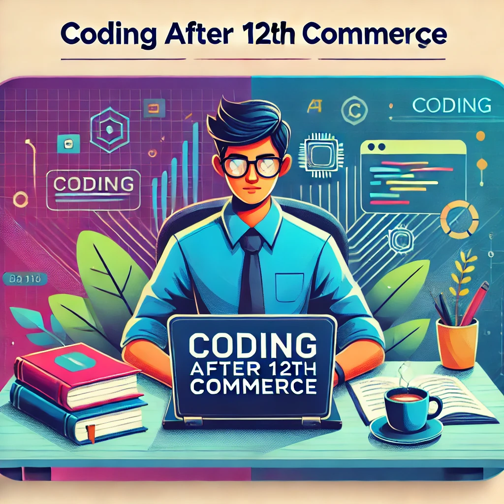 5e5fd136-16c8-41d8-a0f3-3f8a48a33525 Indian student coding on a laptop with "Coding After 12th Commerce" text. Title: Coding After 12th Commerce - Pathways to Success