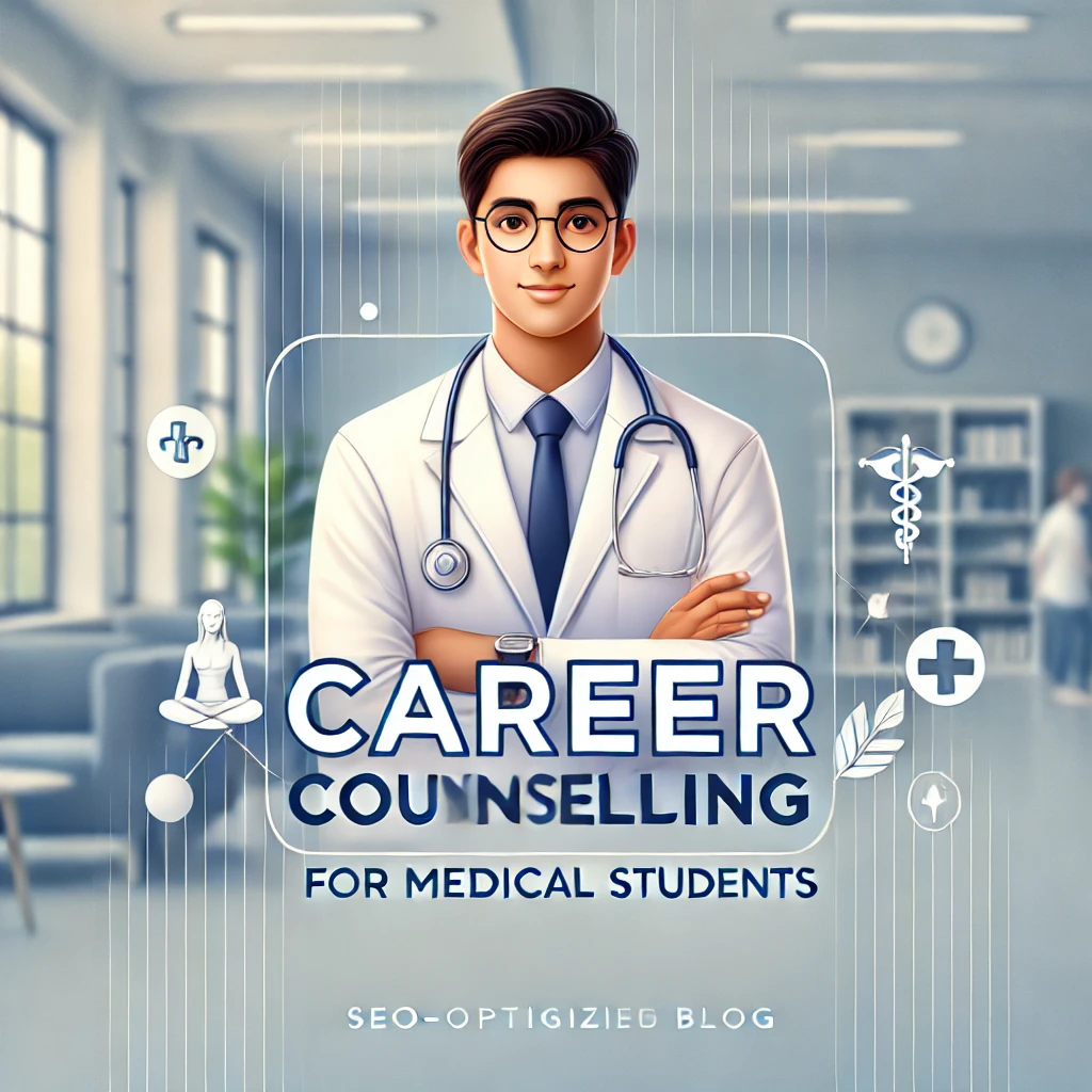 Indian medical student in a white lab coat with a stethoscope, standing confidently in a modern educational setting, with text 'Career Counselling for Medical Students' prominently displayed." Title: "Career Counselling for Medical Students Thumbnail