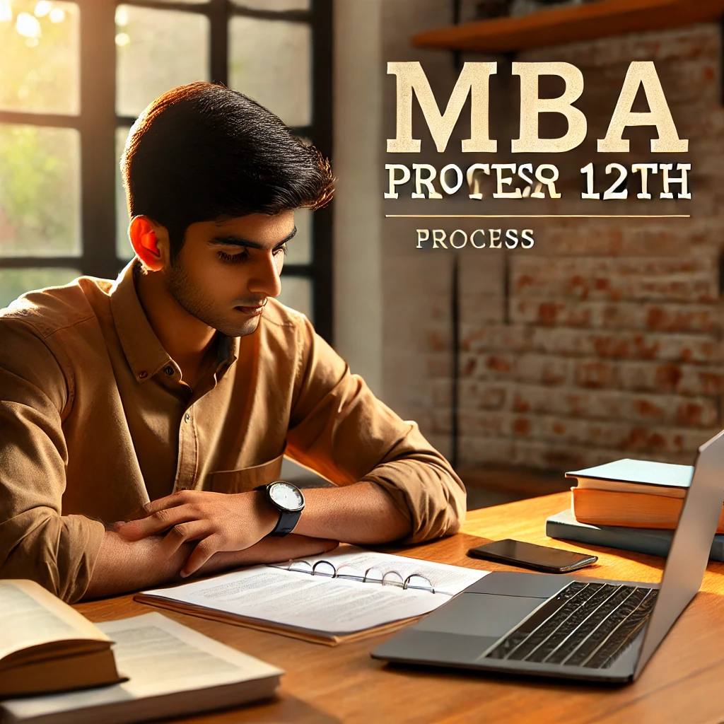 7a1c1255-054f-4d1b-aa21-587998e19b59 Indian student confidently exploring MBA process after 12th with study materials and a laptop at a desk