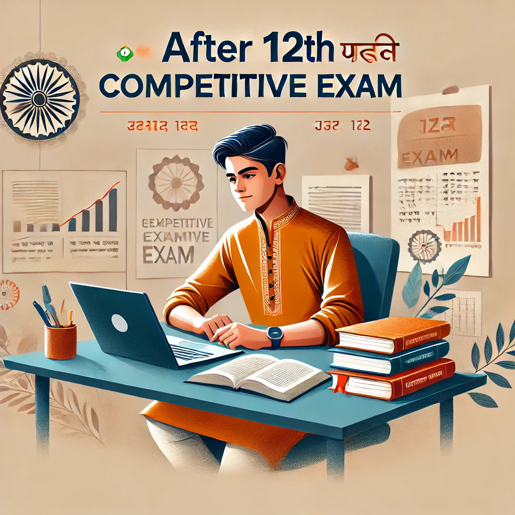 Indian student surrounded by study materials, preparing for after 12th competitive exams with