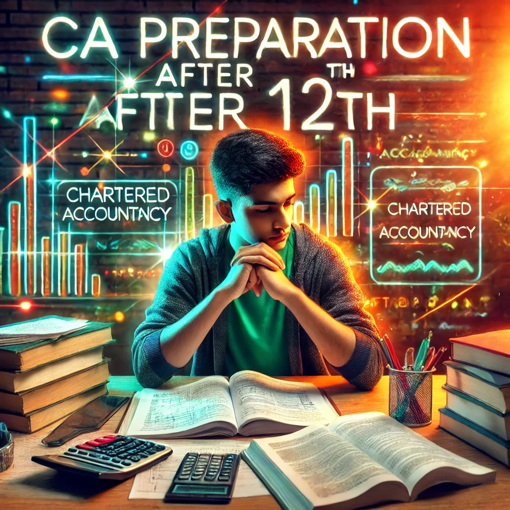 An Indian student studying at a desk, surrounded by accounting books, notes, and a calculator, symbolizing CA (Chartered Accountancy) preparation after 12th, with motivational text displayed.