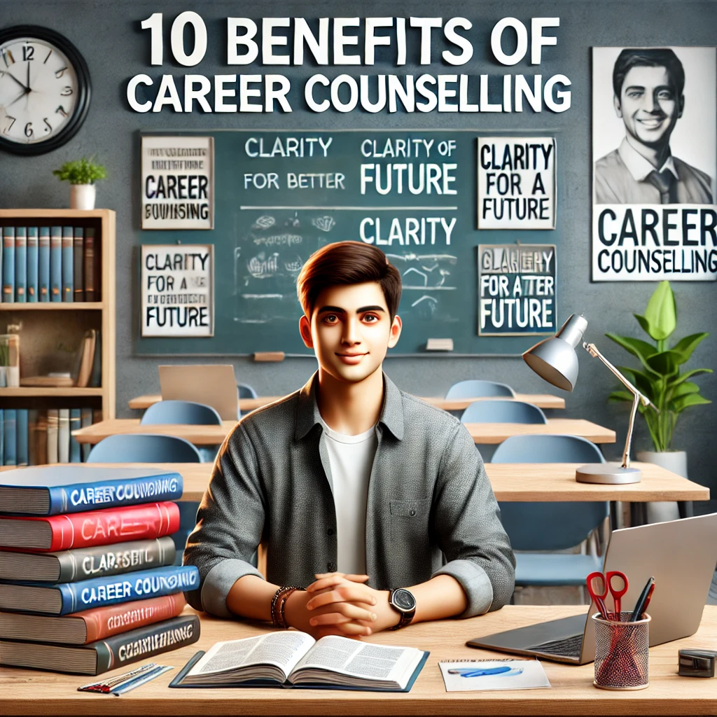 942b10cb-faf5-42e8-945c-4fc968f420e7 Indian student confidently sitting in a classroom surrounded by books and a laptop, symbolizing clarity and direction, with the text "10 Benefits of Career Counselling