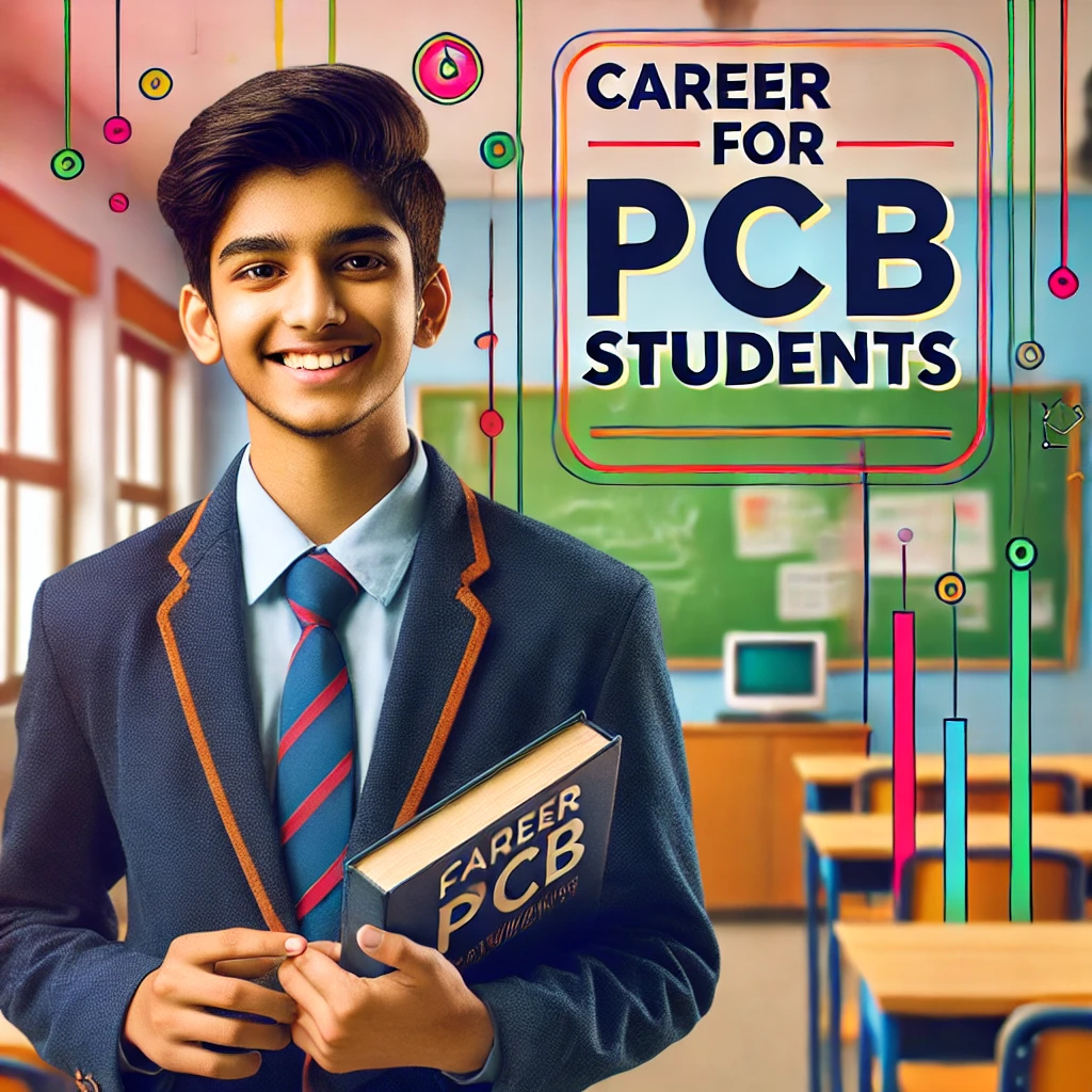 961e4933-2a0e-46b5-a90d-61e592c15331 Indian student in school uniform, smiling confidently while holding a book, with the text 'Career for PCB Students' in bold overlayed.