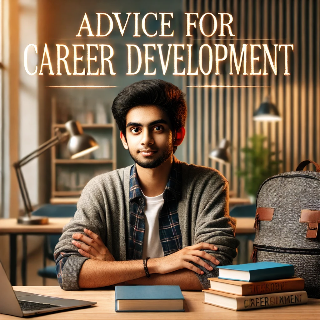 a4eb4e5f-6709-4cfd-8ee8-a7a365ddf878 An Indian student focused on career development with books and a laptop in a study environment, text 'Advice for Career Development' displayed.