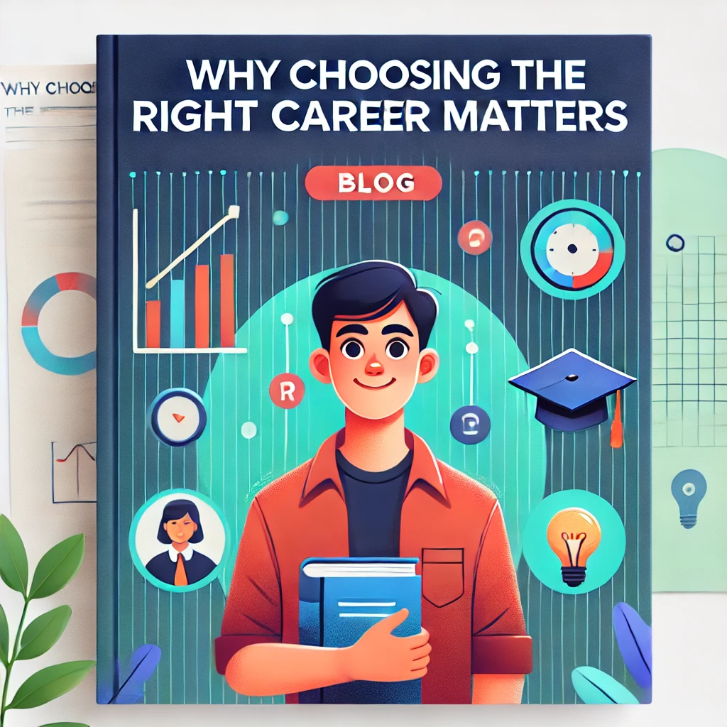 cff03551-ce75-4cb0-a70a-e212094a3d1e An Indian student holding a book, smiling confidently, with the title 'Why Choosing the Right Career Matters' in bold letters, against a gradient background with career-related icons.