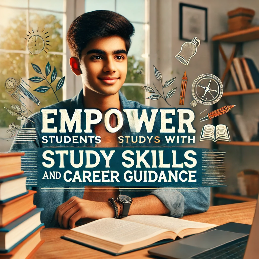Empower Students with Study Skills and Career Guidance: Indian teenage student confidently studying with books and a laptop on a desk.
