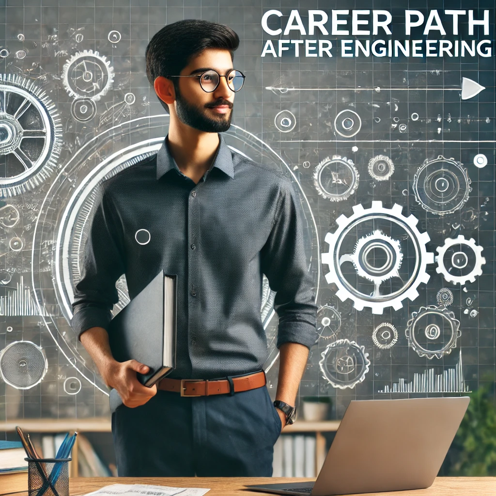 e873f7d7-f418-4bde-990a-c5be03f27d74 Indian engineering student holding a laptop with a gear diagram in the background and the text 'Career Path After Engineering.