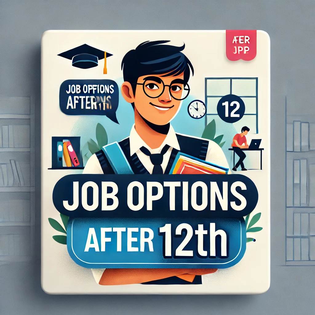 Indian student holding books with the text 'Job Options After 12th' in a classroom or library setting.