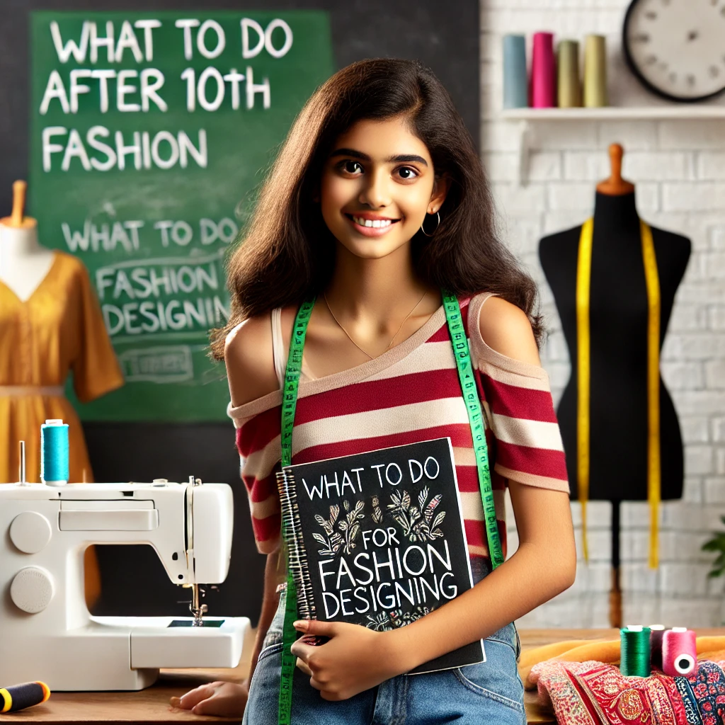 efed588c-0582-4653-b87e-b7e4174b394f An Indian teenage girl confidently holding a design sketchbook in a fashion design classroom, with sewing machines, colorful fabrics, and mannequins in the background. The keyword "What to Do After 10th for Fashion Designing" is written on a chalkboard.