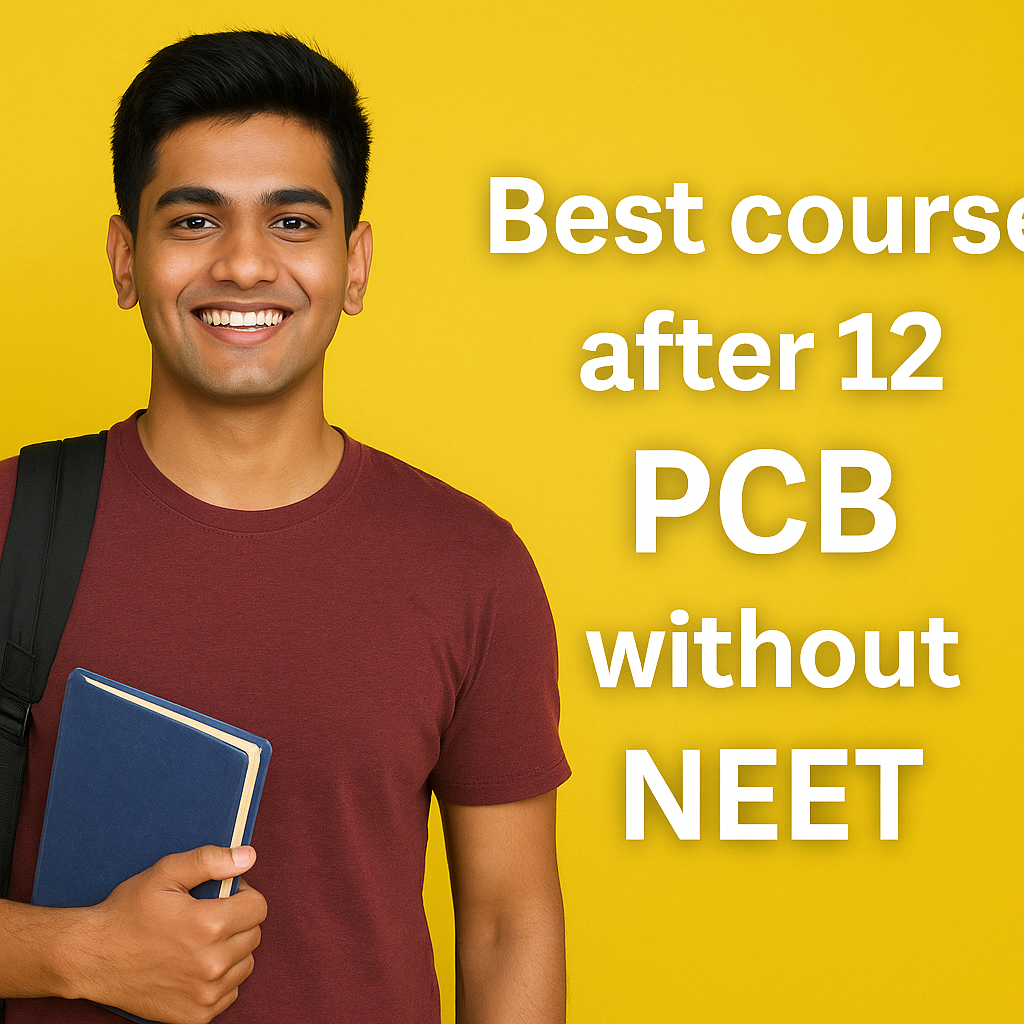 A digital photograph featuring a young Indian man with a backpack and books, standing against a vibrant yellow background. The text "Best course after 12 PCB without NEET" is displayed prominently in bold white font.