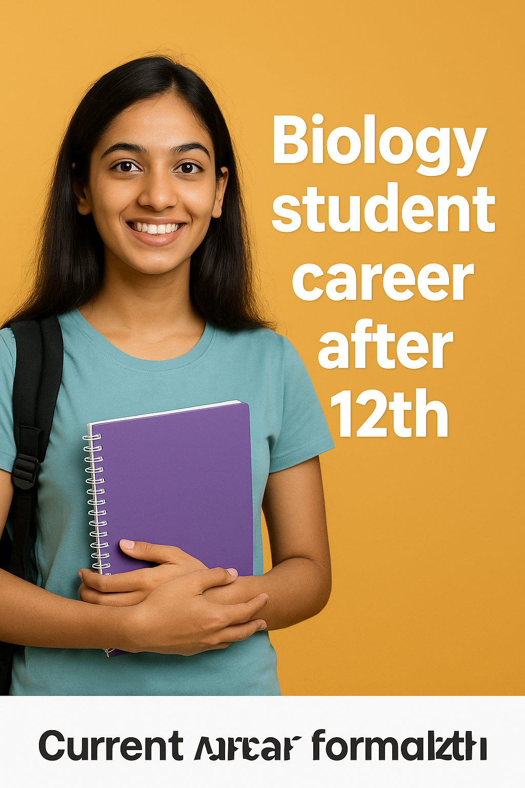 A young Indian woman in a teal t-shirt, holding a purple notebook with a cheerful expression, stands against a bright yellow background. Text beside her reads "Biology student career after 12th" in bold white letters.