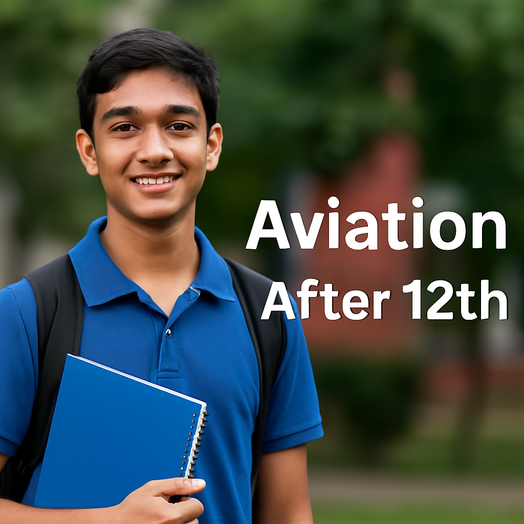 A young Indian student smiling confidently outdoors, wearing a blue polo shirt and carrying a backpack. The text "Aviation After 12th" is prominently displayed to highlight the blog topic.