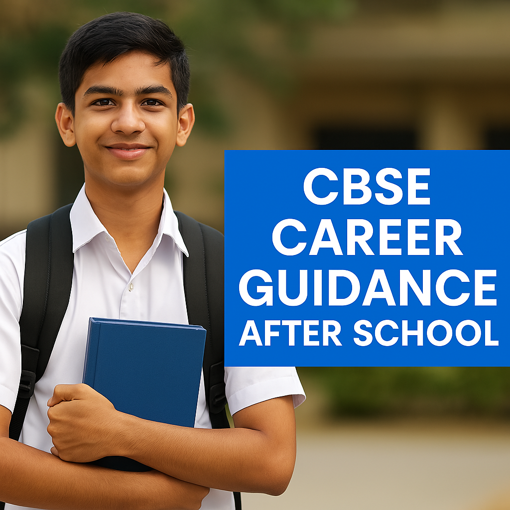 Confident Indian student with school book and text "CBSE Career Guidance After School" Title: Indian Student Exploring CBSE Career Guidance After School